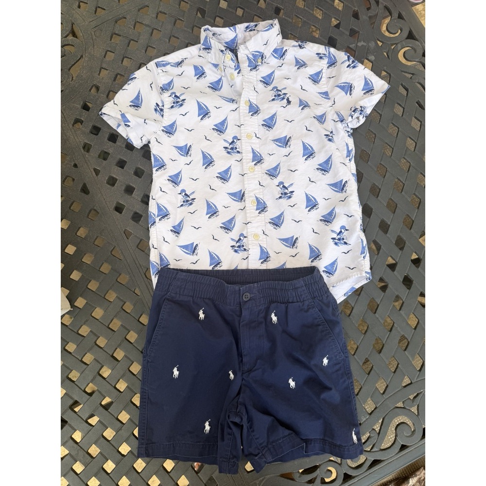 Polo Ralph Lauren Boys M 2pc Button Down Shorts Set Drawstring Navy White EUC